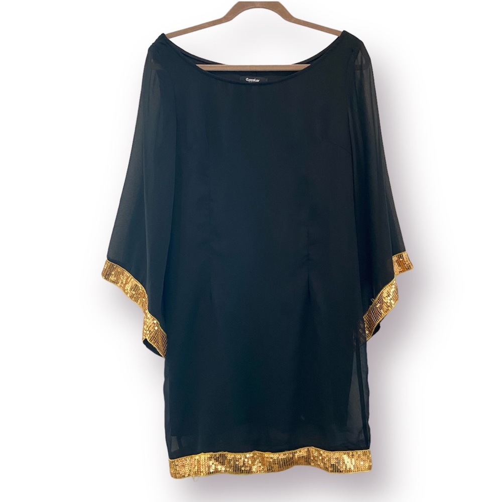 CLOCOLOR Black Bell Sleeve Mini Shift Dress Gold Trim 70’s Inspired Large